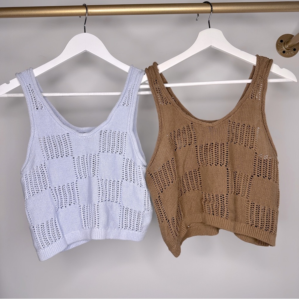 Women's Crochet Knit Crop Tank Top - White and Brown
